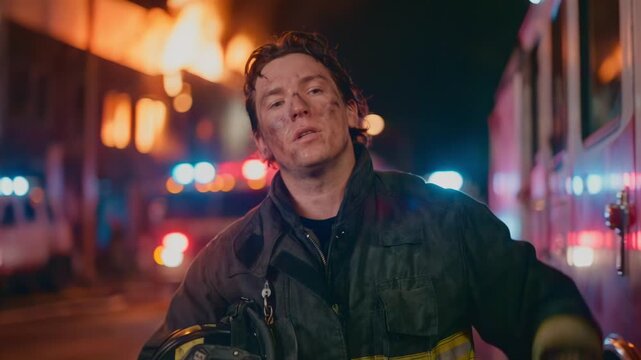 Exhausted firefighter leaning against a fire truck after a dangerous rescue mission. Tired fireman covered in soot resting at a night emergency scene. First responder hero concept