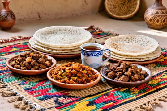 Authentic Somali Breakfast Featuring Traditional Canjeero Flatbread and Savory Meat Dish Served on a Colorful Woven Mat, Celebrating Culinary Heritage and Hospitality
