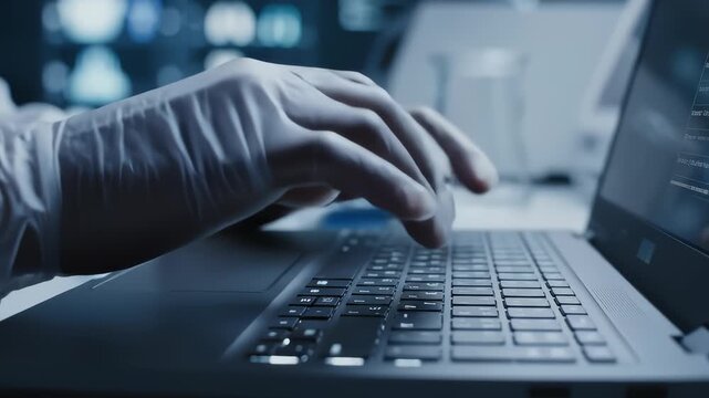 Scientist Typing On Laptop In Modern Laboratory Setting