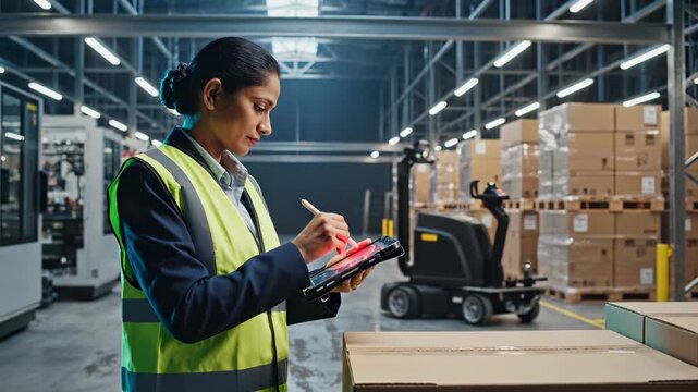 Woman worker scans box with tablet scanner in warehouse. Employee checks inventory using tablet. Worker with scanner manages logistics. Woman scans shipment box. Warehouse tablet scanning work.