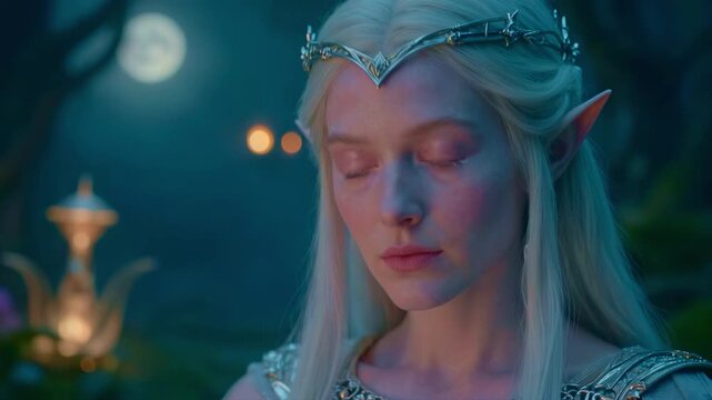 Portrait of a female elf with glowing eyes in a magical night forest. Fantasy woman character wearing a silver tiara looking around in moonlight. Cinematic mythical creature concept