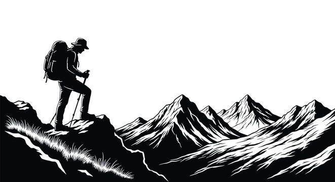 A hiker standing on a mountain peak with a backpack and trekking poles looking out at a scenic mountain range landscape vector illustration