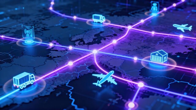 Global logistics network visualization with glowing transport routes and icons on a world map background