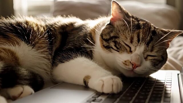 Close-up of a cute calico cat sleeping on a closed laptop. Feline resting on a bed with soft blankets in warm sunlight. Work from home interruption concept