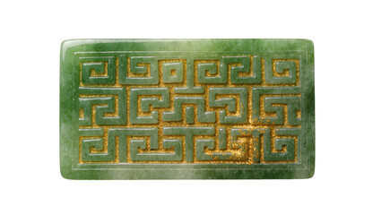 Isolated ornate green jade plaque with a traditional Chinese key fret design and golden texture. © Rowan