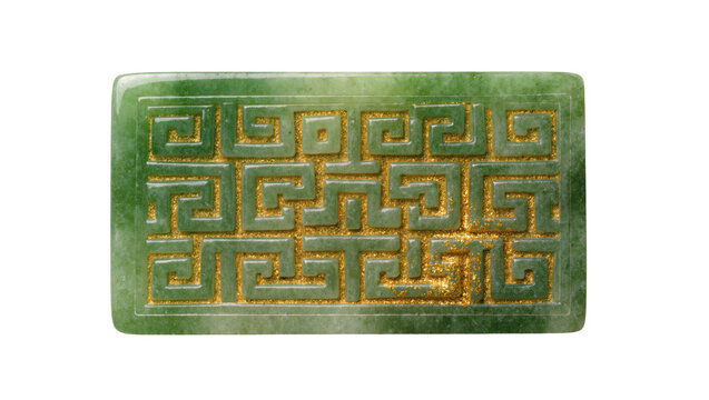 Isolated ornate green jade plaque with a traditional Chinese key fret design and golden texture.