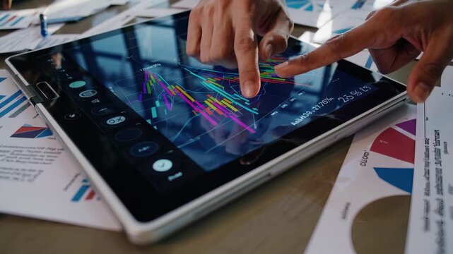 Reviewing chart on tablet during meeting. Finance team conducts analysis and investment review. Presentation materials show chart statistic and data trends. Teamwork collaboration drives decision.