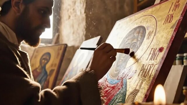 Byzantine icon painters layering tempera on wood panels.