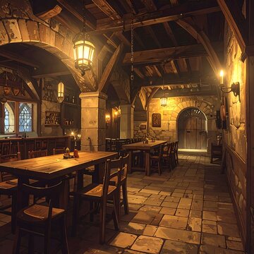 A dimly lit medieval-style dining hall with wooden tables and chairs