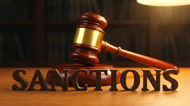 Wooden judge gavel striking a sounding block behind the word sanctions. Legal court ruling and international economic penalty concept. Justice and law enforcement background