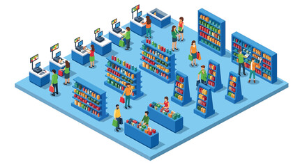 Obraz premium Isometric illustration of a busy supermarket with various colorful products on shelves and people shopping vector illustration