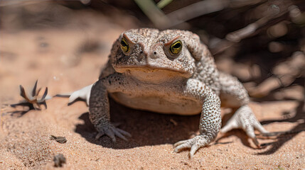 herpetology. Macro view of a Sonoran Desert Toad resting on sandy terrain in natural sunlight. wildlife magazines, conservation campaigns, designed for wildlife conservation campaigns.
