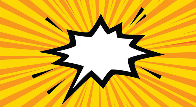 Vibrant comic book style speech bubble on dynamic yellow background with orange rays and black accents vector illustration