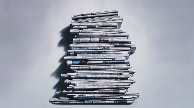 journalism. Artistic stack of newspapers under soft overhead light on a minimalist grey surface. lifestyle magazines, social media lookbooks, designed for influencer and brand collaborations.
