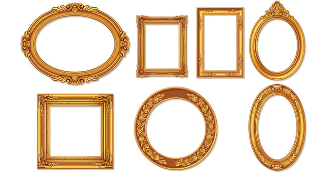 Collection of ornate gold picture frames in various shapes and sizes vector illustration