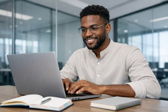 Smiling professional working on laptop in modern glass office room. Ai generative