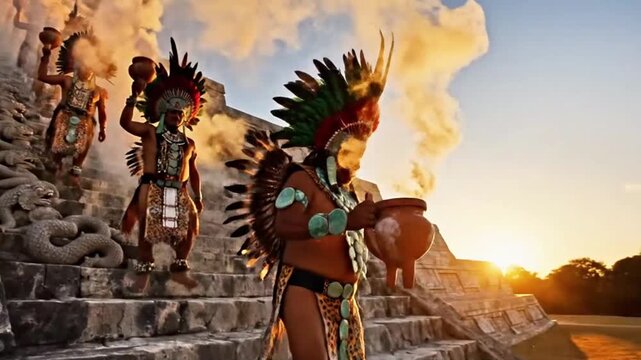Aztec priests ascending pyramid steps during a ritual dawn, incense smoke rising dramatically.