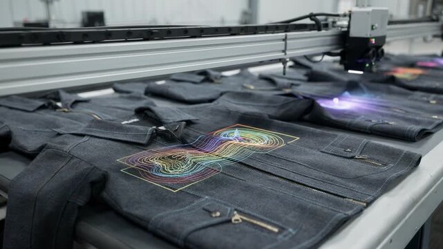 Medium shot of AIpowered overhead camera inspecting jacket seams highlighting automatic detection of puckering and fabric defects on textile lines.