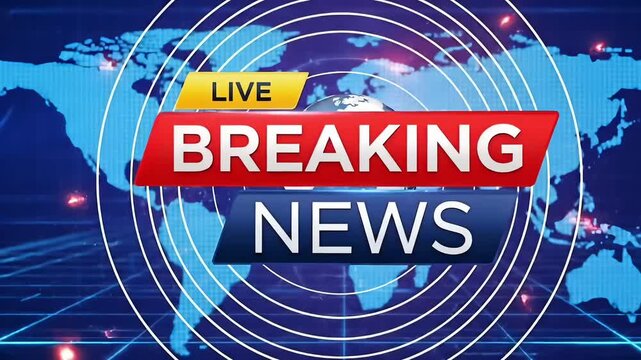 Breaking news live broadcast concept with global world map digital studio background representing urgent television journalism report for media animation video