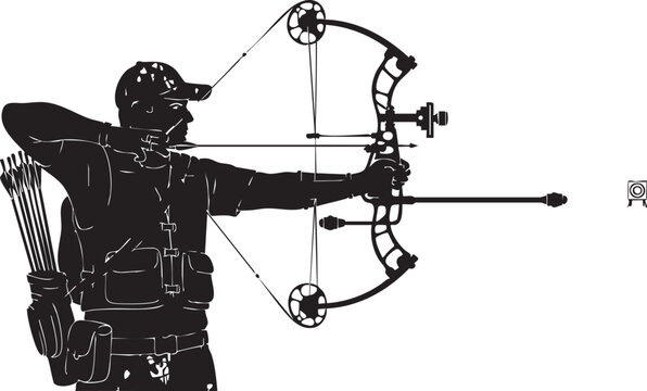 A black and white silhouette graphic of an archer aiming a modern compound bow at a small target isolated on transparent background, Vector