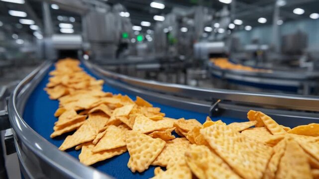 221Industrial snack production line with crackers moving along conveyor, machinery processing and sorting products, factory interior with stainless steel equipment, high-detail indust