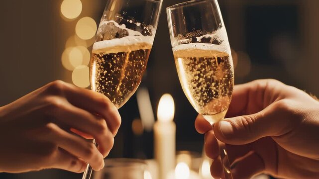 Couple Toasts With Champagne Glasses At Romantic Candlelit Dinner Cele