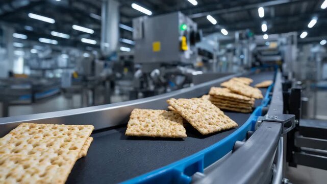 225Conveyor belt at a modern factory carrying stacks of crackers, automated machinery processing snacks, industrial food production line with clean stainless steel equipment, bright f