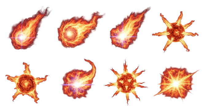 fiery explosions various fireballs and explosions on white for fantasy and game graphics