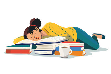 op view of tired woman sleeping near open books with isolated vector style