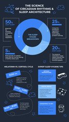 Insomnia Infographic. Expert sleep hygiene tips and circadian rhythm. Data template, text and Pie Chart. Vertical vector illustration with rest stages breakdown and lifestyle doodle icons on Dark.