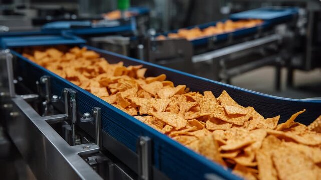233Snack production line in food processing factory, conveyor belt carrying chips, crackers, and other crispy snacks, machines performing packaging and quality checks, realistic indus