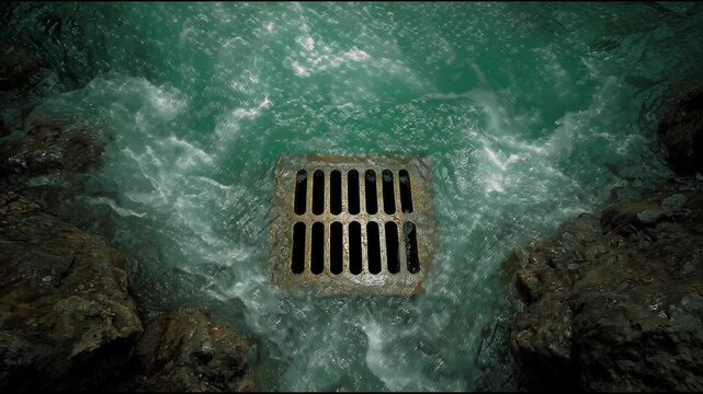 Water Flows Over a Drain in a Rocky Area Near a Stream During a Sunny Day
