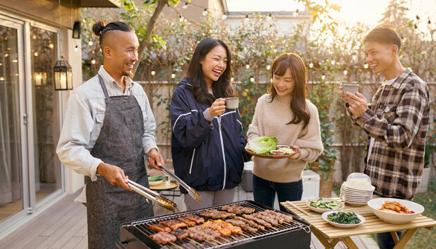  Friends gather around, as a backyard barbecue.