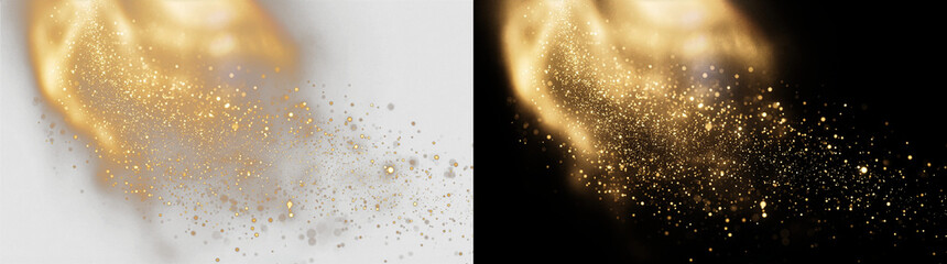 Golden glitter dust splash, sparkling fairy dust scatter, magic stardust spray with swirling particles, transparent PNG background, perfect for beauty, luxury, celebration, and glamour design overlays © Pixora