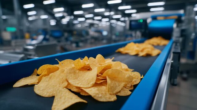 235Close-up of conveyor belt transporting chips at a food processing plant, automated packaging machines, modern snack manufacturing line, clean industrial environment, bright overhea