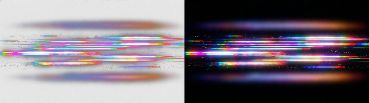 Colorful digital glitch effect, RGB chromatic aberration, neon horizontal streaks, signal distortion with pixel displacement, transparent PNG background, perfect for cyberpunk, tech, and VFX overlays