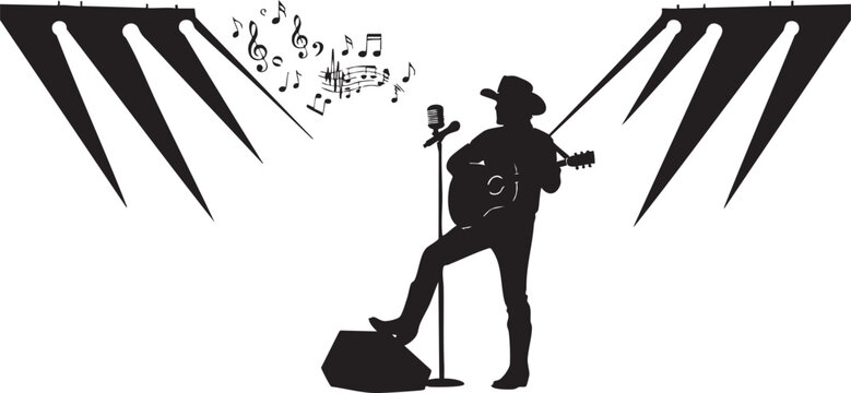 A silhouette of a country singer performing on stage with a guitar and floating musical notes isolated on transparent background, Vector