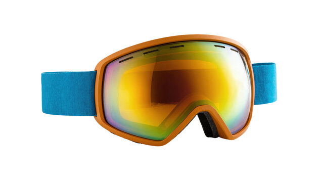 Isolated vibrant orange ski goggles with a colorful reflective lens and blue strap