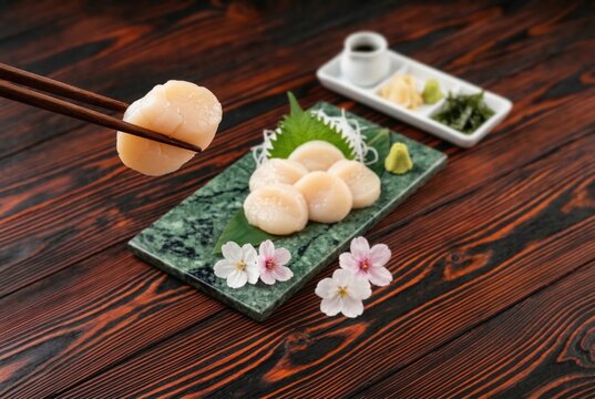 Generated AI: Fresh scallop sashimi held by chopsticks over a premium platter on a rustic wooden table.