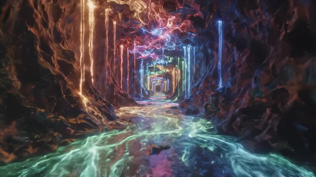 Journey Through A Colorful Crystal Cave Tunnel With Flowing Energy