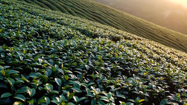 Tea plantation on rolling hills. Green field rows reach horizon. Agriculture farming shapes orderly lines. Harvest visible in glossy leaves. Nature landscape suggests sustainable growth. Warm sunrise.
