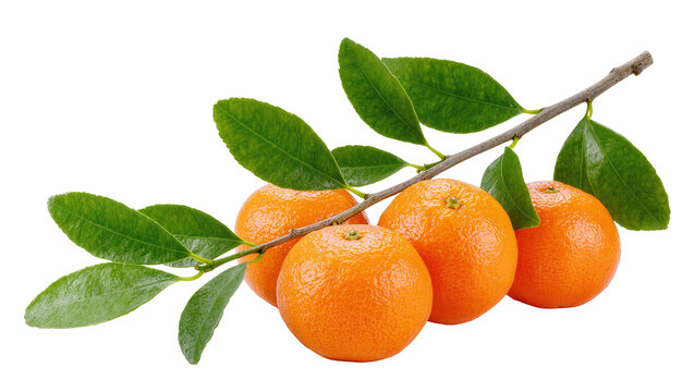 Isolated ripe mandarins on a leafy branch, vibrant orange citrus fruits rich in vitamins