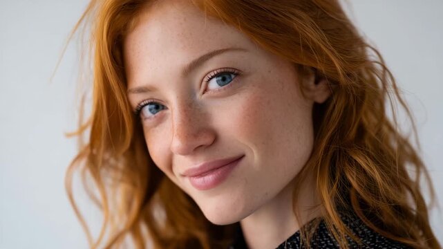 250Studio head-and-shoulders portrait of a red-haired woman aged 30, blue eyes looking slightly off-camera, natural expression, clean white backdrop, balanced lighting, realistic colo