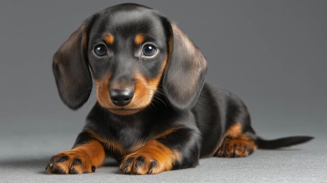 スタジオの灰色背景で座るダックス子犬