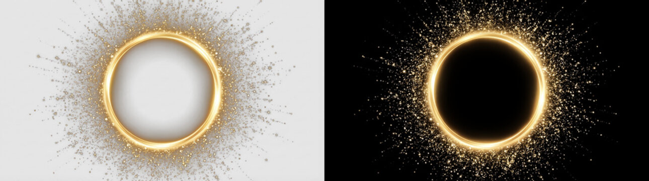 Luxury golden glitter ring, shining gold circle with sparkle dust particles, glam round frame, transparent PNG background, perfect for beauty, fashion, celebration, and premium design overlays