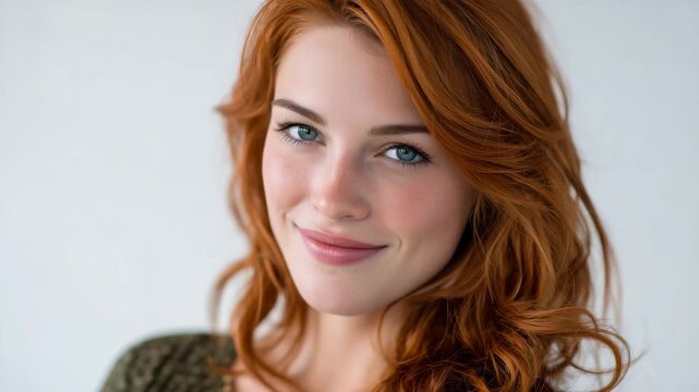 254Professional lifestyle portrait of a 30-year-old woman with dyed red hair, blue eyes, understated makeup, white background, relaxed natural pose, stock-friendly beauty photography