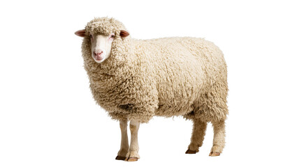 Isolated fluffy adult sheep standing confidently, showcasing its textured wool coat. © Ines