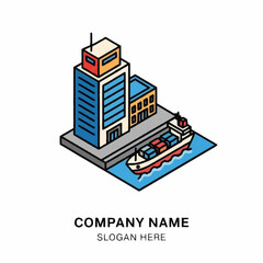 Fototapeta premium Isometric illustration of a port with a cargo ship docked near buildings.