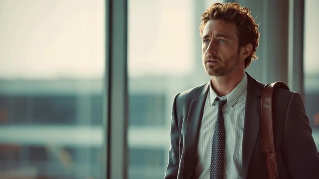 Businessman walking through airport terminal with contemplative expression during early morning travel