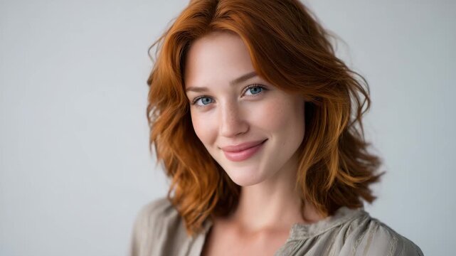 258Studio portrait of a woman in her early thirties with dyed red hair, blue eyes, relaxed shoulders, gentle confident expression, white background, clean lighting setup, high-resolut